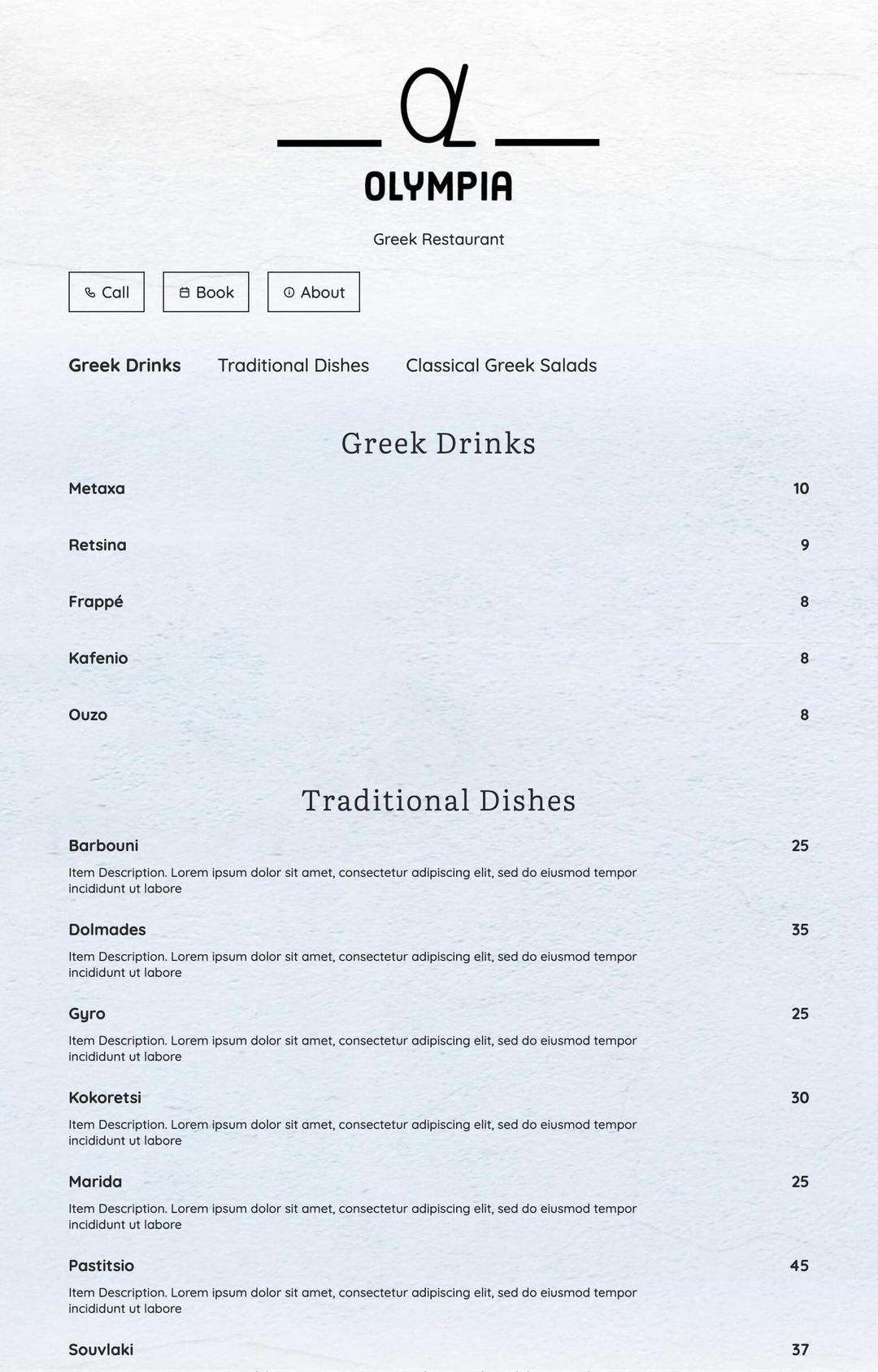 Free Casual Greek Menu Template Menuzen